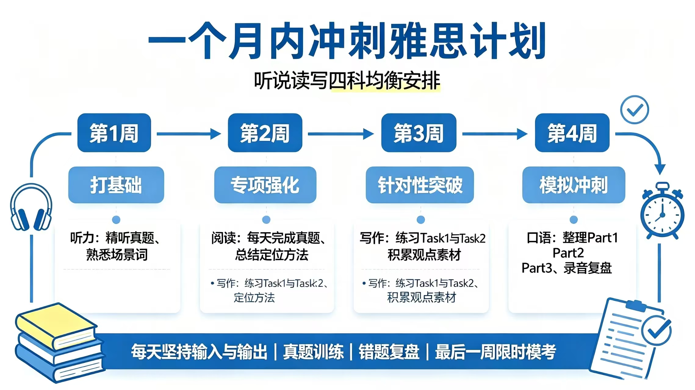 先搞懂雅思听、说、读、写四科考试题型、评分标准，整理好备考资料，不盲目开始刷题